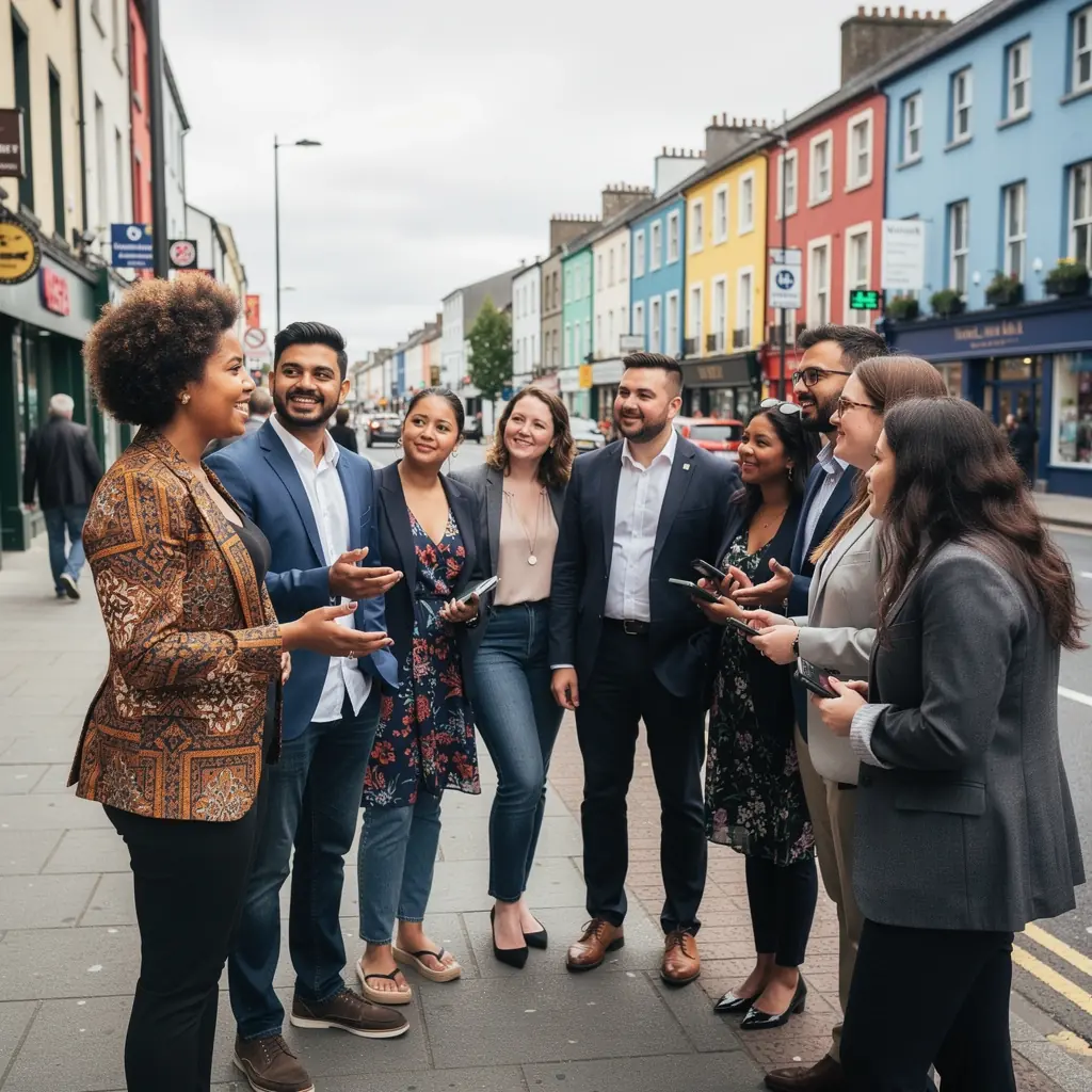 A group of diverse professionals engaged in a leadership training workshop, collaborating and sharing ideas.