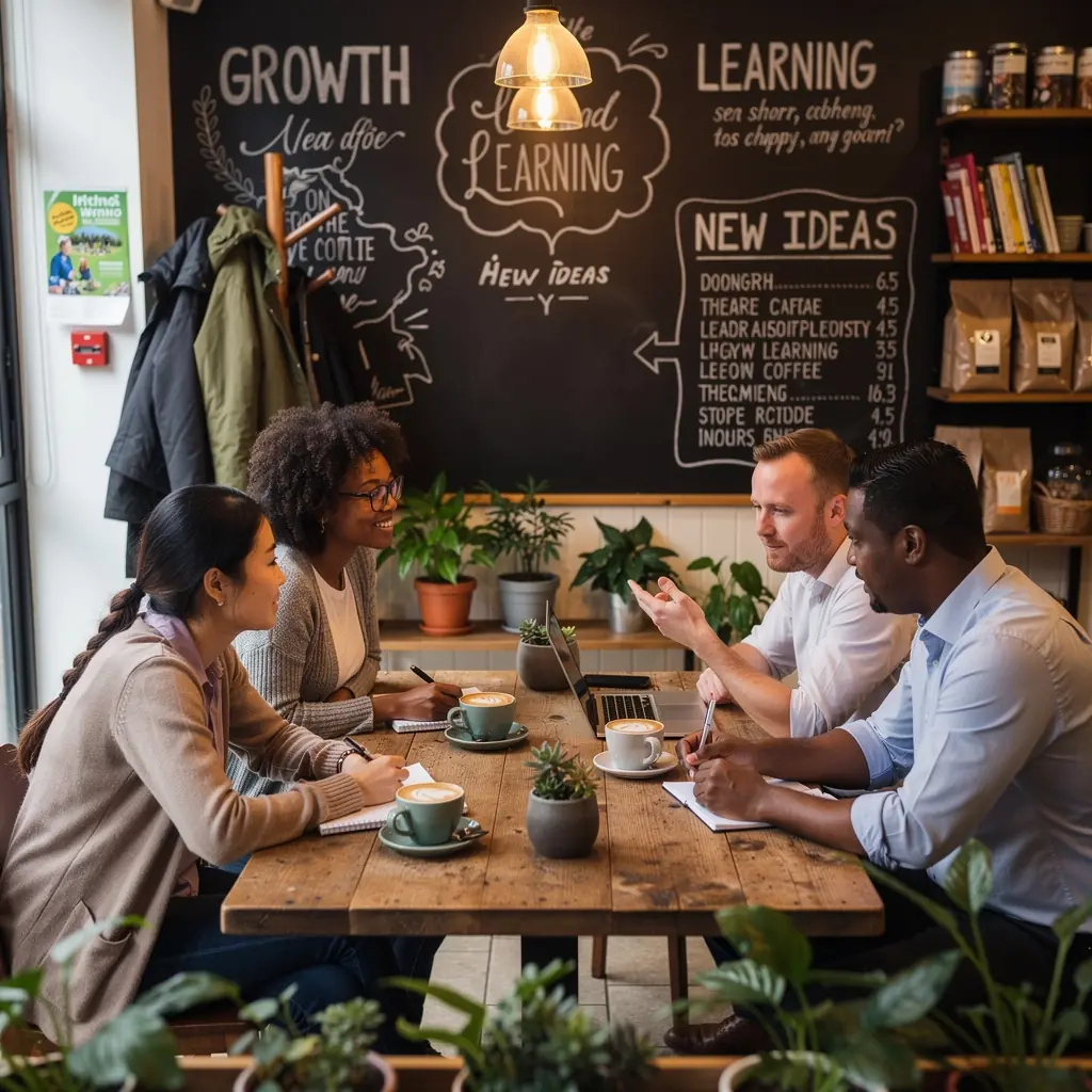A visual representation of a strategic planning session, with team members brainstorming and mapping out career advancement goals.